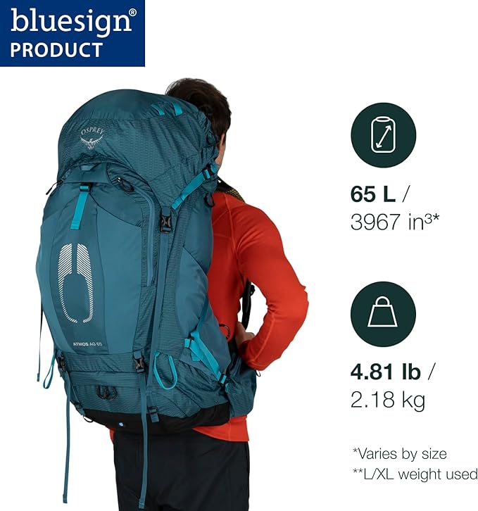 Osprey Atmos AG 65L Men's Backpacking Backpack, Venturi Blue, L/XL