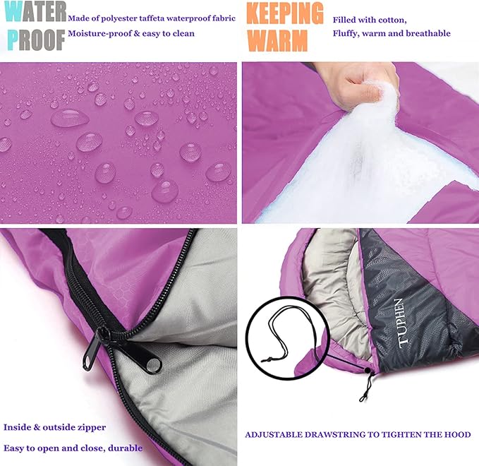 tuphen- Sleeping Bags for Adults Kids Boys Girls Backpacking Hiking Camping Microfiber Liner, Cold Warm Weather 4 Seasons Indoor Outdoor Use, Lightweight & Waterproof