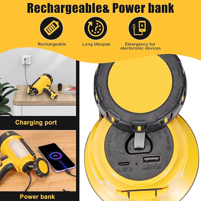 Super Bright Rechargeable Spotlight Handheld Rechargeable LED Flashlight Tactical Searchlight with USB Output 6 Light Modes Camping Light (Yellow)