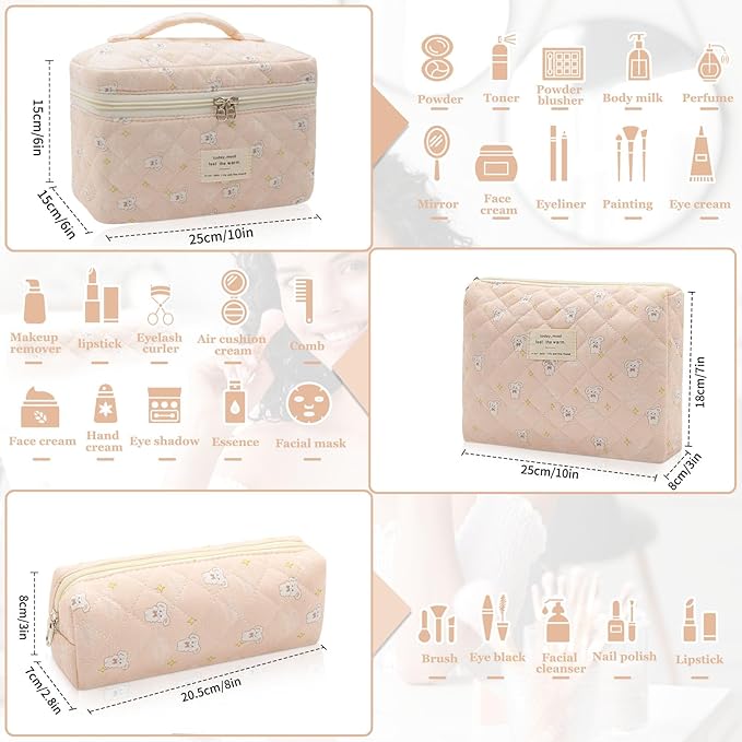 3pc Makeup Bag Set, Quilted Makeup Bag Set, Large Floral Cosmetic Bag for Women, Cute Cotton Makeup Bags, Flower Travel Toiletry Organizer Bag (Star White Rabbit)