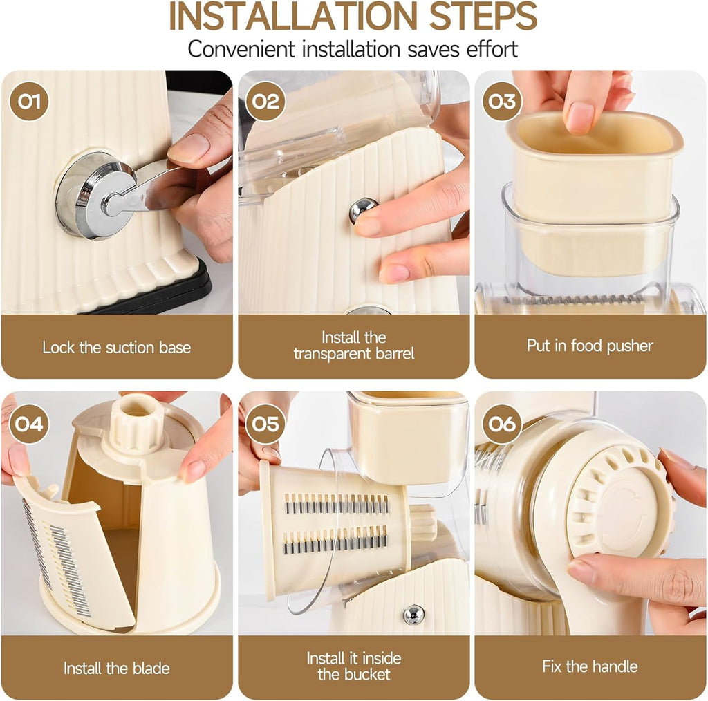 RotaryCheese Grater,VegetableShredder 5 in 1 Cheese Grater with HandleedderReinforcedSuction,EasytoClean,KitchenChopperforCrushedIce,Fruits and Nuts with Blade Storage Case（White