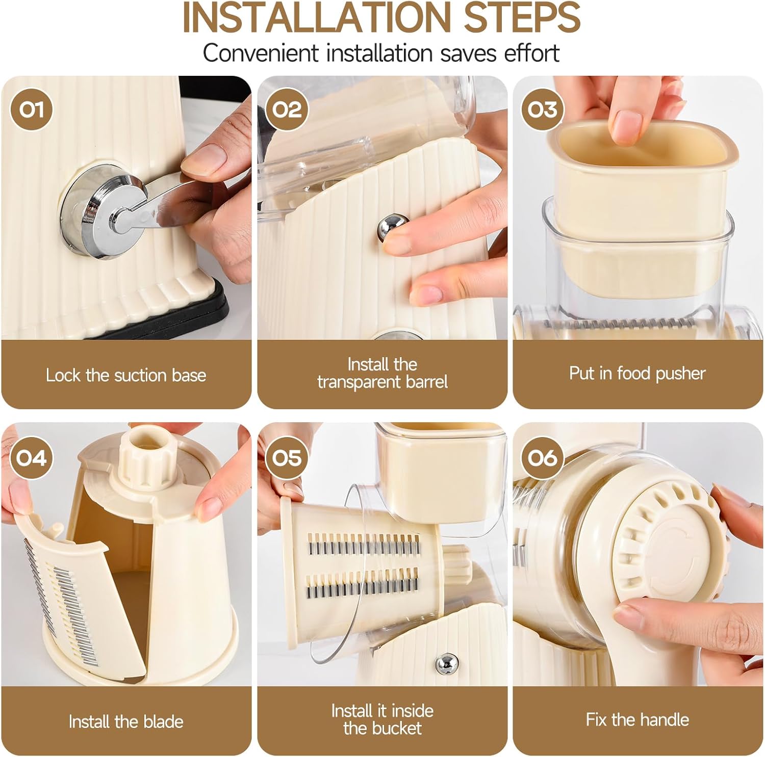 RotaryCheese Grater,VegetableShredder 5 in 1 Cheese Grater with HandleedderReinforcedSuction,EasytoClean,KitchenChopperforCrushedIce,Fruits and Nuts with Blade Storage Case（White