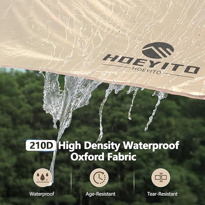 Camping Tarp with Poles & Retainer,15x12.5FT Large Waterproof 210D Oxford Cloth Camping Canopy, Anti-UV UPF100+ Tent Tarp Car Awning for Outdoor, Picnic, Hammock, Car, Backpacking(Khaki)