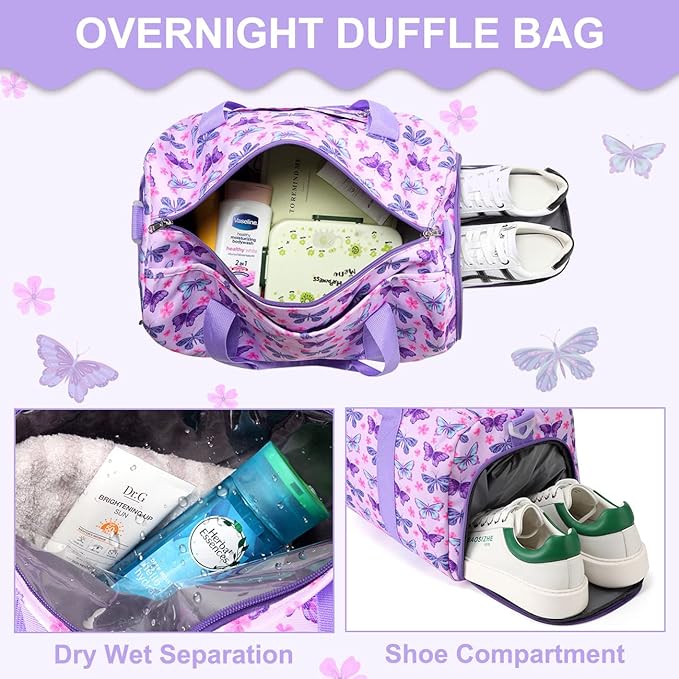 Girls Overnight Duffle Bag,RAVUO Cute Butterfly Kids Sport Gym Bag with Shoe Compartment, Carry On Weekender Travel Bag for Teens