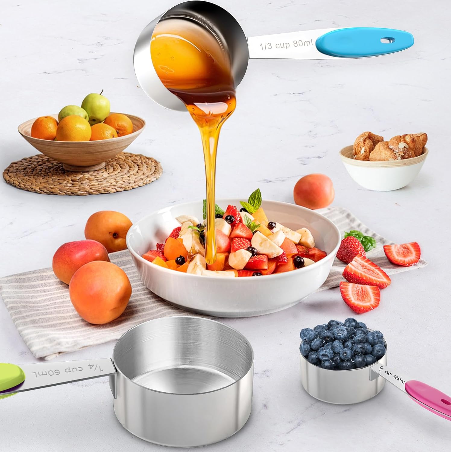 13-Piece Measuring Cups and Magnetic Spoons Set, 5 Stainless Steel Measuring Cups, 7 Double-Sided Magnetic Measuring Spoons & 1 Leveler for Cooking and Baking (5+7+1)