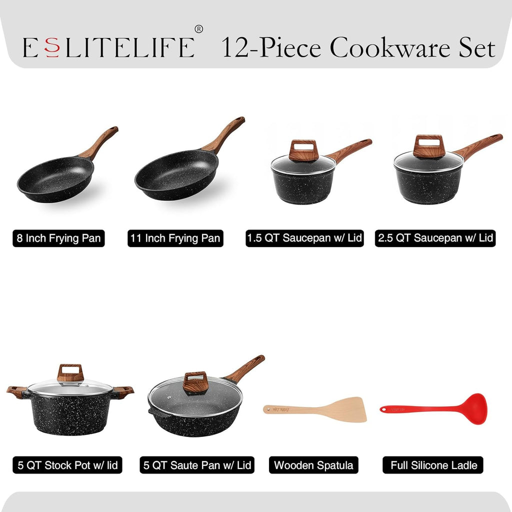ESLITE LIFE Nonstick Cookware Sets, 12 Pcs Granite Coating Pots and Pans Set Kitchen Cooking Set, Compatible with All Stovetops (Gas, Electric & Induction), PFOA Free, Black