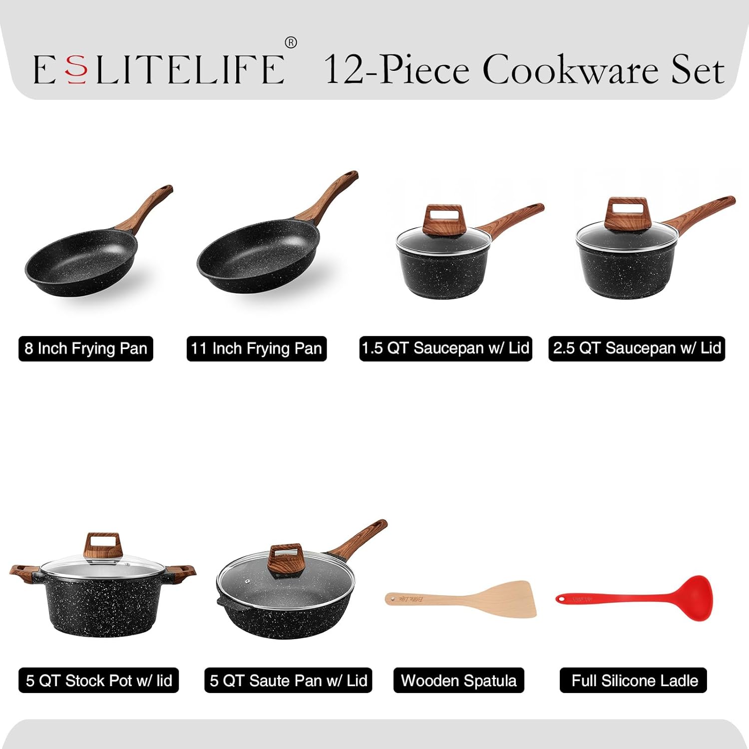 ESLITE LIFE Nonstick Cookware Sets, 12 Pcs Granite Coating Pots and Pans Set Kitchen Cooking Set, Compatible with All Stovetops (Gas, Electric & Induction), PFOA Free, Black