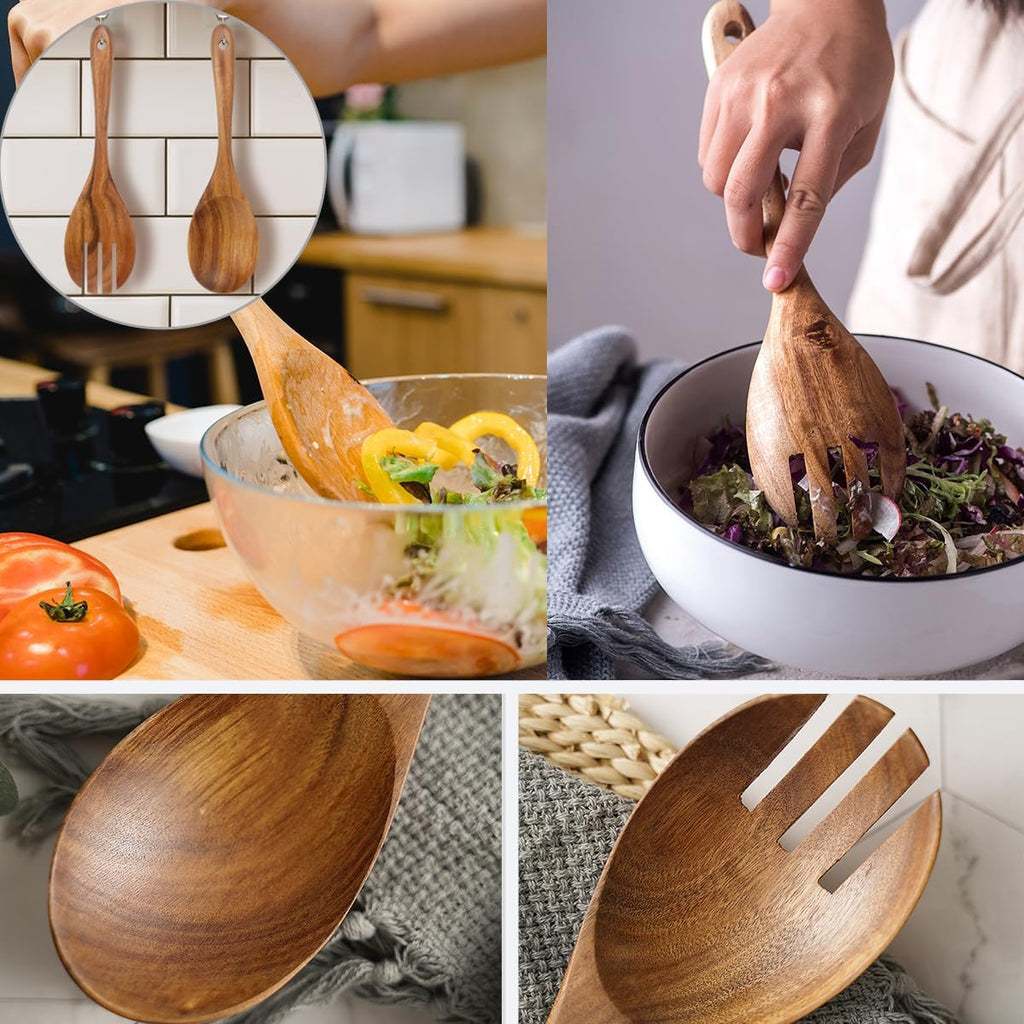 13-Inch Teak Wood Salad Spoon and Fork, Large Wooden Salad Serving Spoon and Spork Pack of 2, Teak Wooden Salad Serving Set, Country Rustic Salad Servers