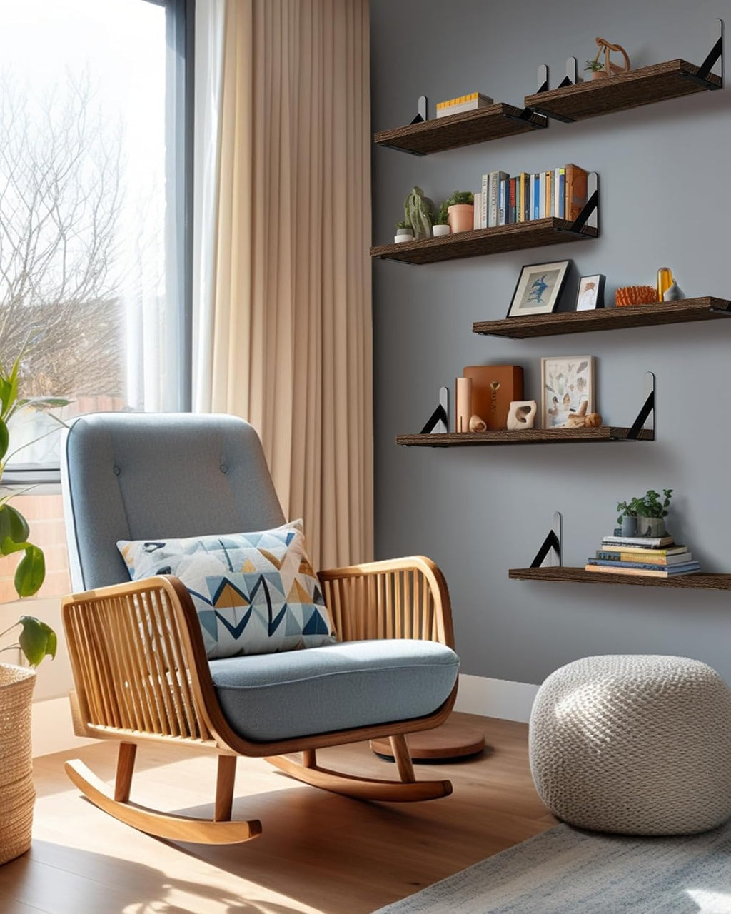 AMADA HOMEFURNISHING Wall Shelves Set of 6, Rustic Farmhouse Floating Shelves for Bedroom, Bathroom & Living Room, Brown Wood