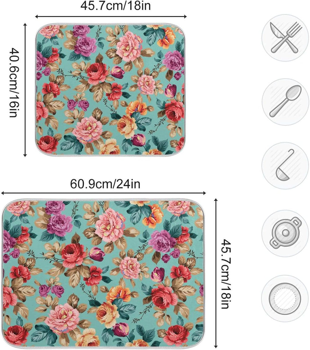 Colorful Flower Leaves Dish Drying Mat for Kitchen Counter Absorbent Microfiber Drying Pad, Medium 16x18 in, Reversible Drainer Mats