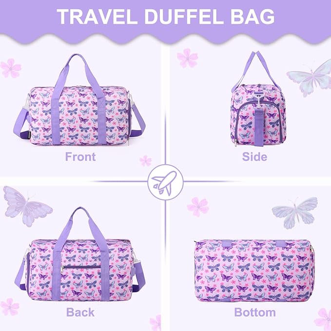 Girls Overnight Duffle Bag,RAVUO Cute Butterfly Kids Sport Gym Bag with Shoe Compartment, Carry On Weekender Travel Bag for Teens