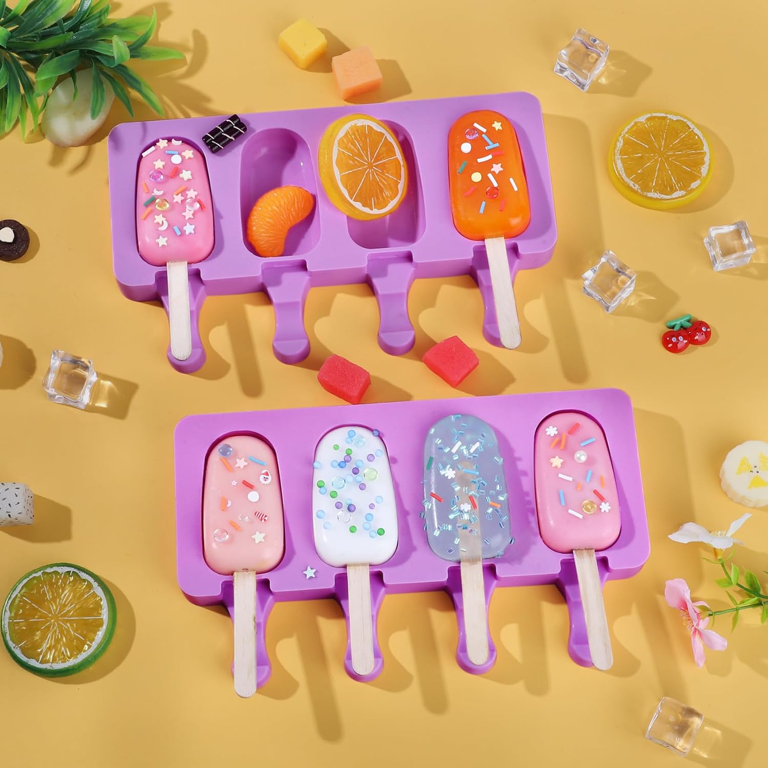 Ouddy Life Popsicle Molds Set of 2, Ice Pop Molds Silicone 4 Cavities Ice Cream Mold Oval Cake Pop Mold with 50 Wooden Sticks for DIY Popsicle (Purple) (Purple)