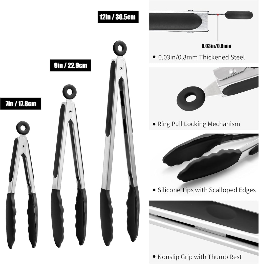Doosu Kitchen Tongs for Cooking - 600°F Heat Resistant Food Tong Set with Non-Scratch Silicone Tips, Heavy Duty Stainless Steel Locking Tong for BBQ, Grilling Steak, Serving Salad (7+9+12in, Black)