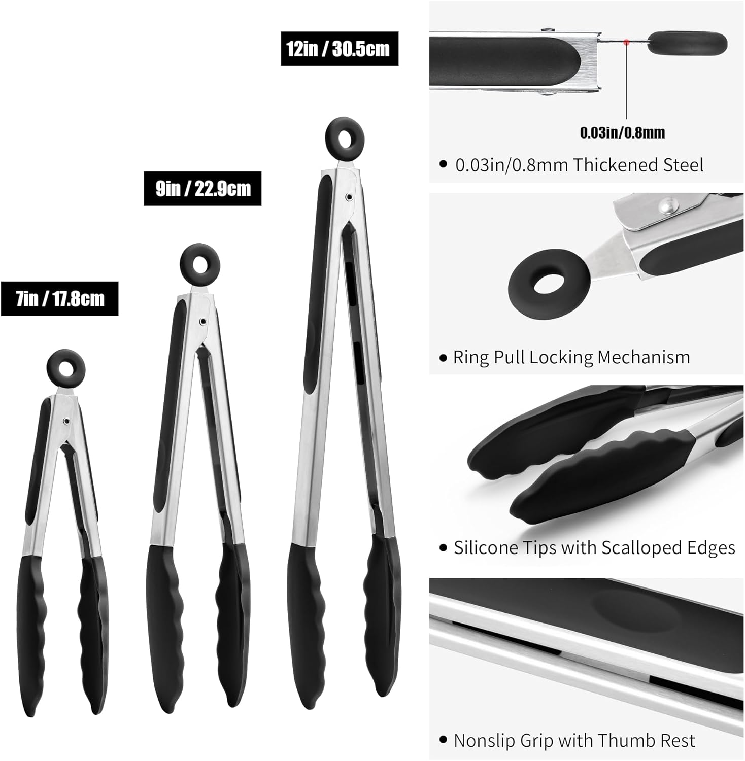 Doosu Kitchen Tongs for Cooking - 600°F Heat Resistant Food Tong Set with Non-Scratch Silicone Tips, Heavy Duty Stainless Steel Locking Tong for BBQ, Grilling Steak, Serving Salad (7+9+12in, Black)