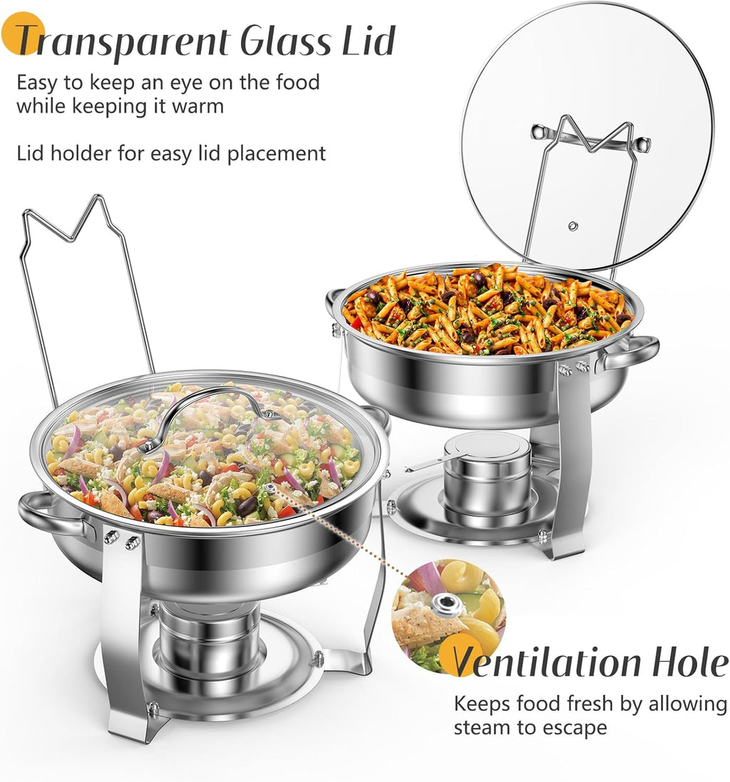 4 Packs 3 QT Round Chafing Dish Buffet Set, Stainless Steel Chafing Dishes with Glass Lid & Holder, Food Warmer for Parties Weddings Banquets Events