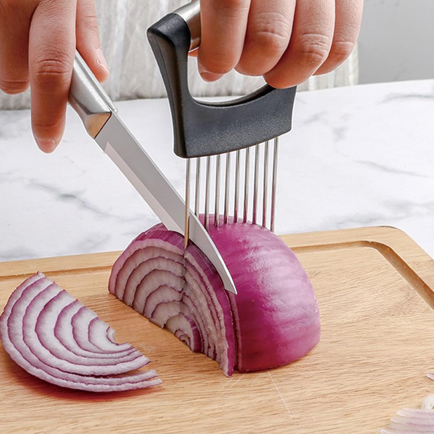 Stainless Steel Onion Slicer Holder, Onion Holder for Slicing & Onion Cutter, Tomato Slicer for Vegetables (Onions, Tomatoes, Potatoes, Avocados, Eggs), Kitchen Slicing Assistant Tool (A-1 PCS)