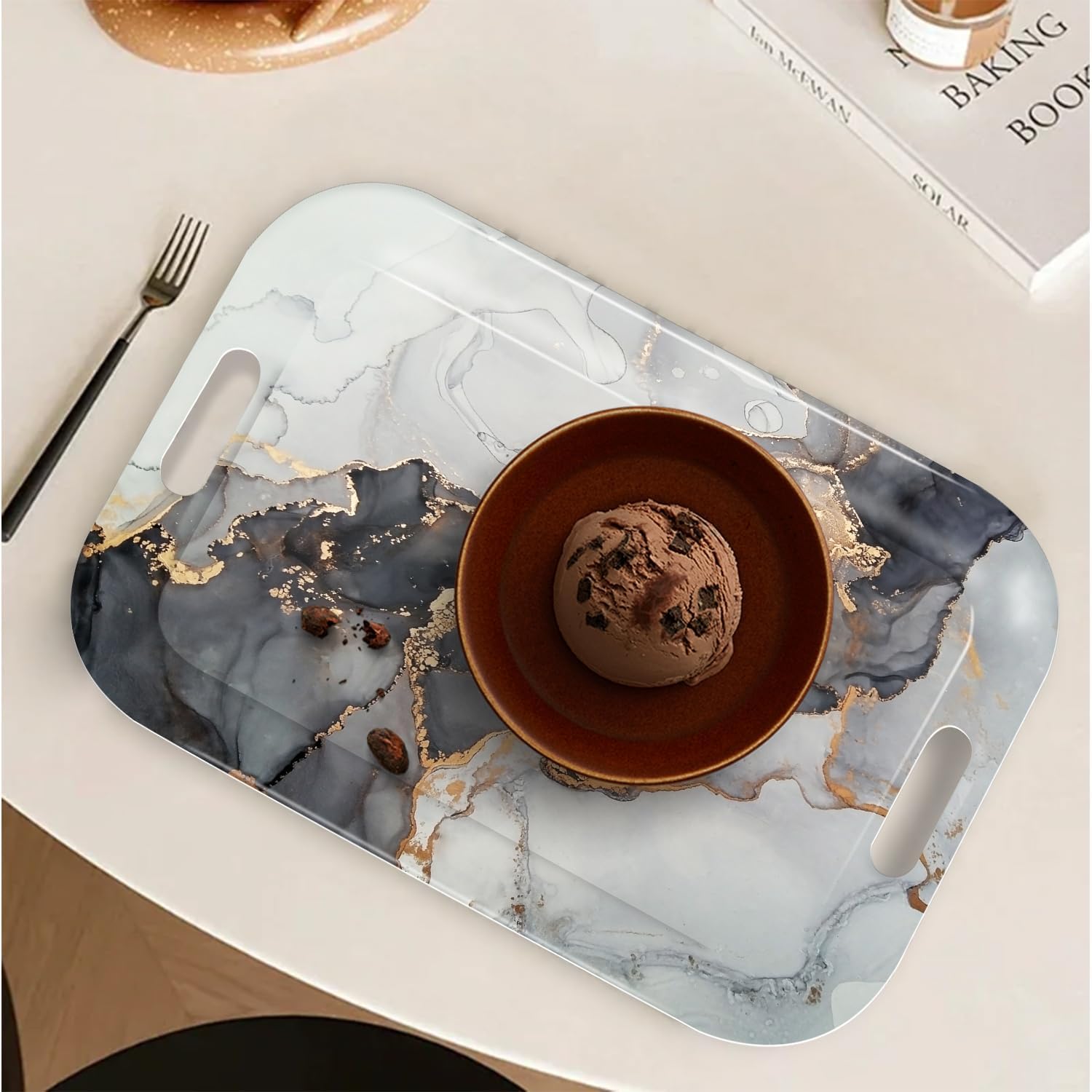 Serving Trays with Handles, 14.5 x 9.8 inch Rectangular Plastic Tray for Restaurant, Kitchen, Gray and Golden Marble