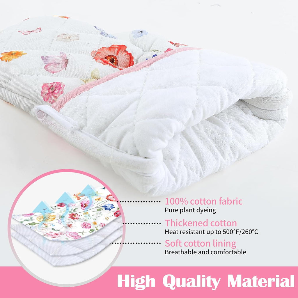 Wildflower Oven Mitts and Pot Holders Sets 4Pcs, 100% Cotton Heat Resistant, Extra Long Oven Gloves Potholder for Kitchen Cooking Baking Decoration