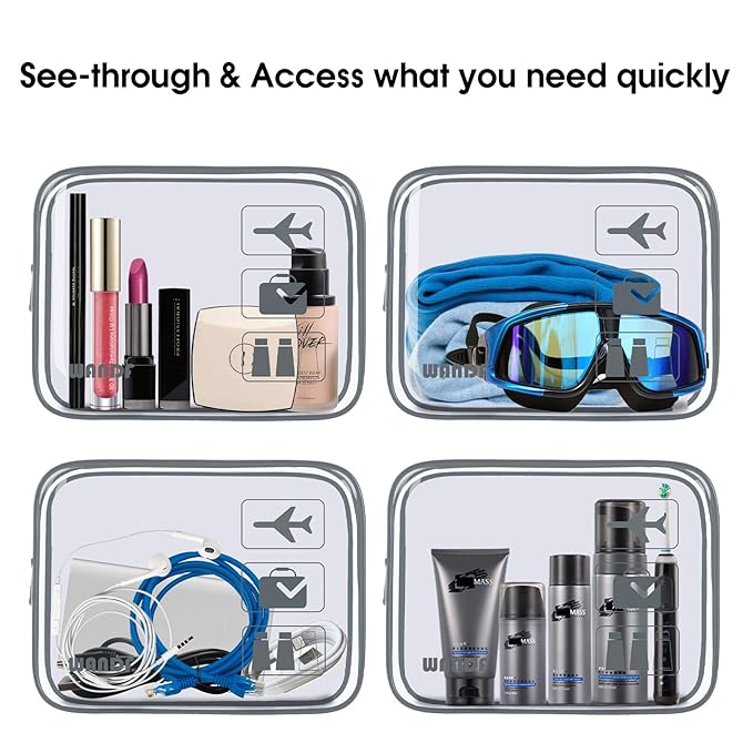 TSA Approved Clear Travel Toiletry Bag wih Zippers Carry-on Travel Accessories Quart Size Toiletries Cosmetic Pouch Makeup Bags for Men and Women (2pcs Grey)