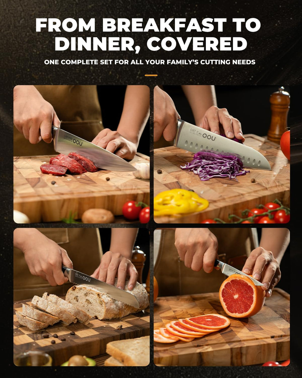 OOU 15-Piece Kitchen Knife Set with Block, German Stainless Steel Knife Blcok Set with Sharpening Rod, Ergonomic Wood Handle, Premium Cutlery Set with Steak Knives