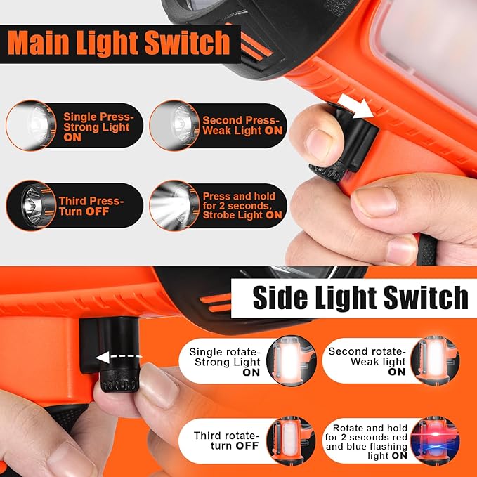 Super Bright Rechargeable Spotlight Handheld Rechargeable LED Flashlight Tactical Searchlight with USB Output 6 Light Modes Camping Light (Orange)
