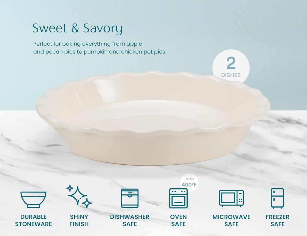 KooK Pie Pan, Ceramic Reusable Round Pie Dish, Quiche Baking Dish, Deep, Wave Edge, For Cakes, Tart, Casseroles, Tarts, Microwave, Oven and Dishwasher Safe, 9-Inch, 36 oz, Set of 2, Ivory