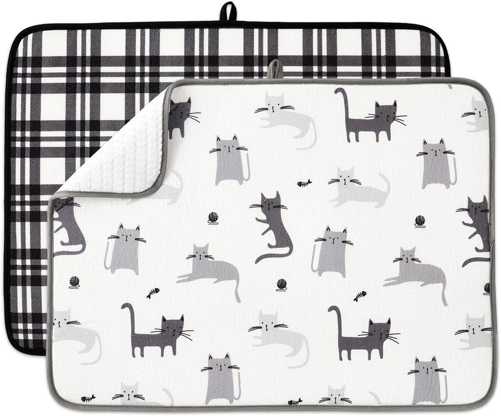 FRESHMINT Printed Dish Drying Mats for Kitchen Counter 2 Pack Absorbent Reversible Drying Mats Microfiber Kitchen Countertop Protector Dishes Drying Pad Extra Large 18"x24" Dish Mat