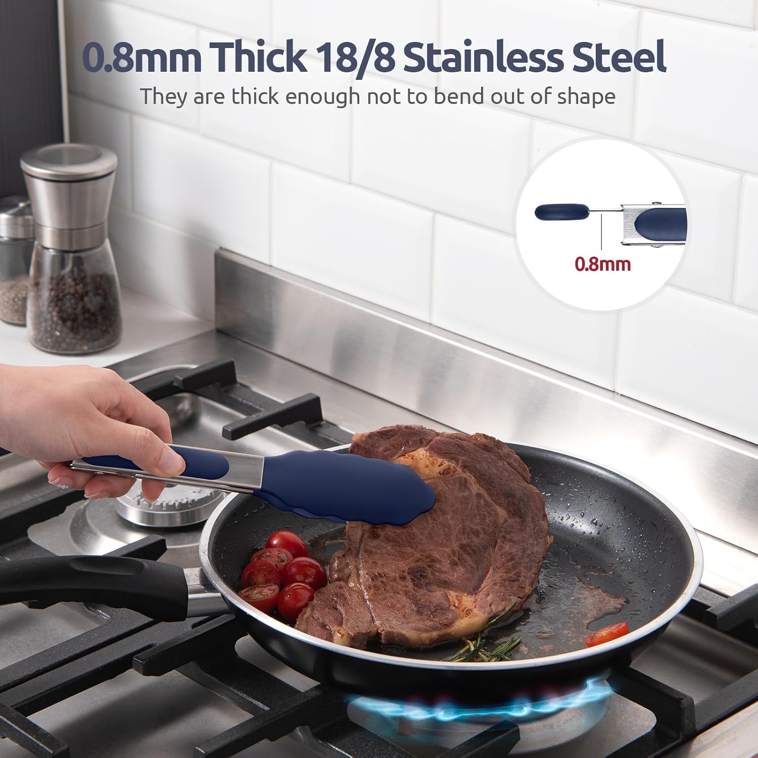 480ºF Heat Proof Kitchen Tong: U-Taste 7" Silicone Cooking Tong with Firm Sealed Non Stick Rubber Tips & Silicon Coated 18/8 Stainless Steel Handle & Smooth Locking for Serving Salad (Midnight Blue)