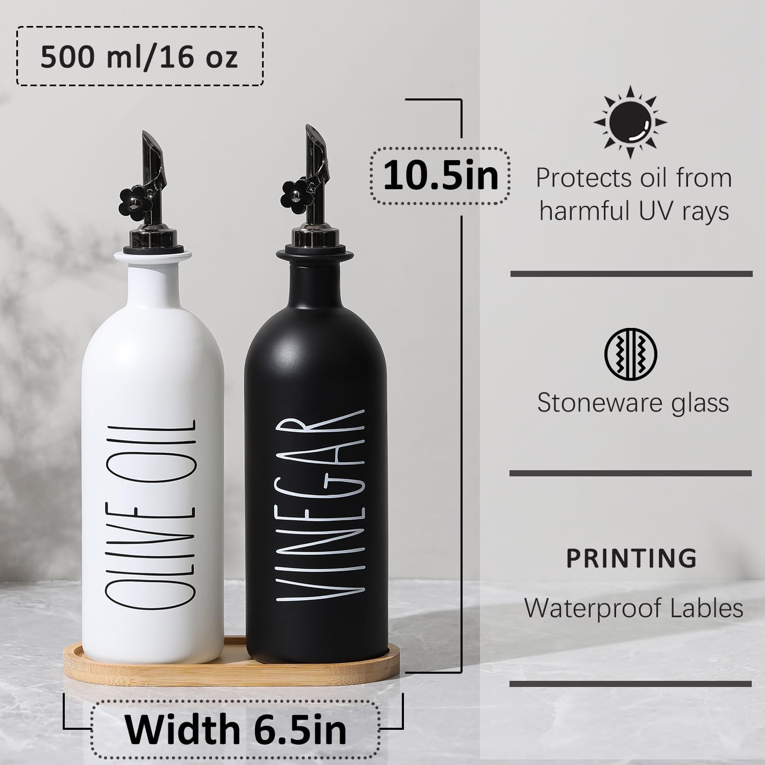 HOMCDALY 16oz Olive Oil Dispenser Bottles for Kitchen, Glass Oil Dispenser for Kitchen with Bamboo Tray, Oil&Vinegar Dispenser Set | Set of 2 (16oz-P-Black&White)
