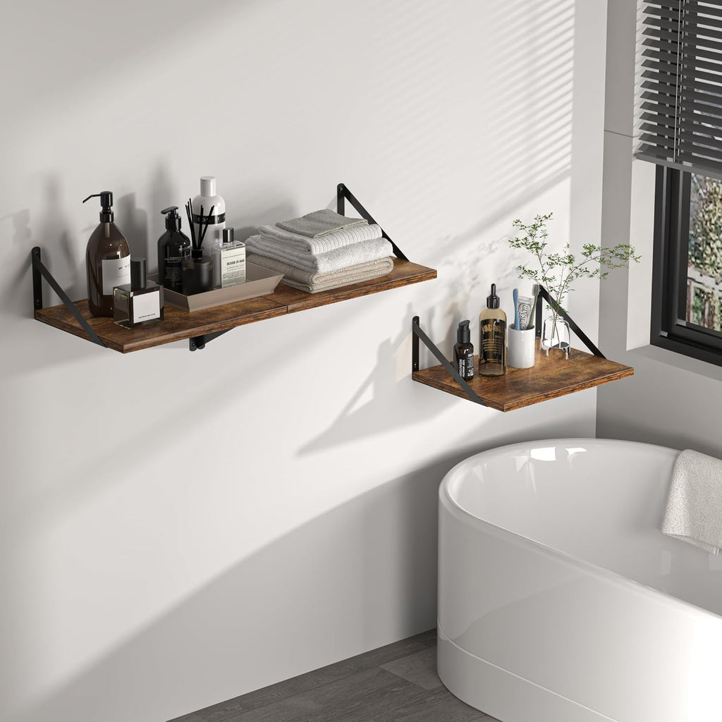 Heimlove Deep Floating Shelves for Wall, 16W x 12D Wood Wall Shelves Set of 2, Wide Floating Bookshelf for Living Room, Kitchen, Office, Bedroom and Decor Storage, with Metal Bracket - Rustic Brown