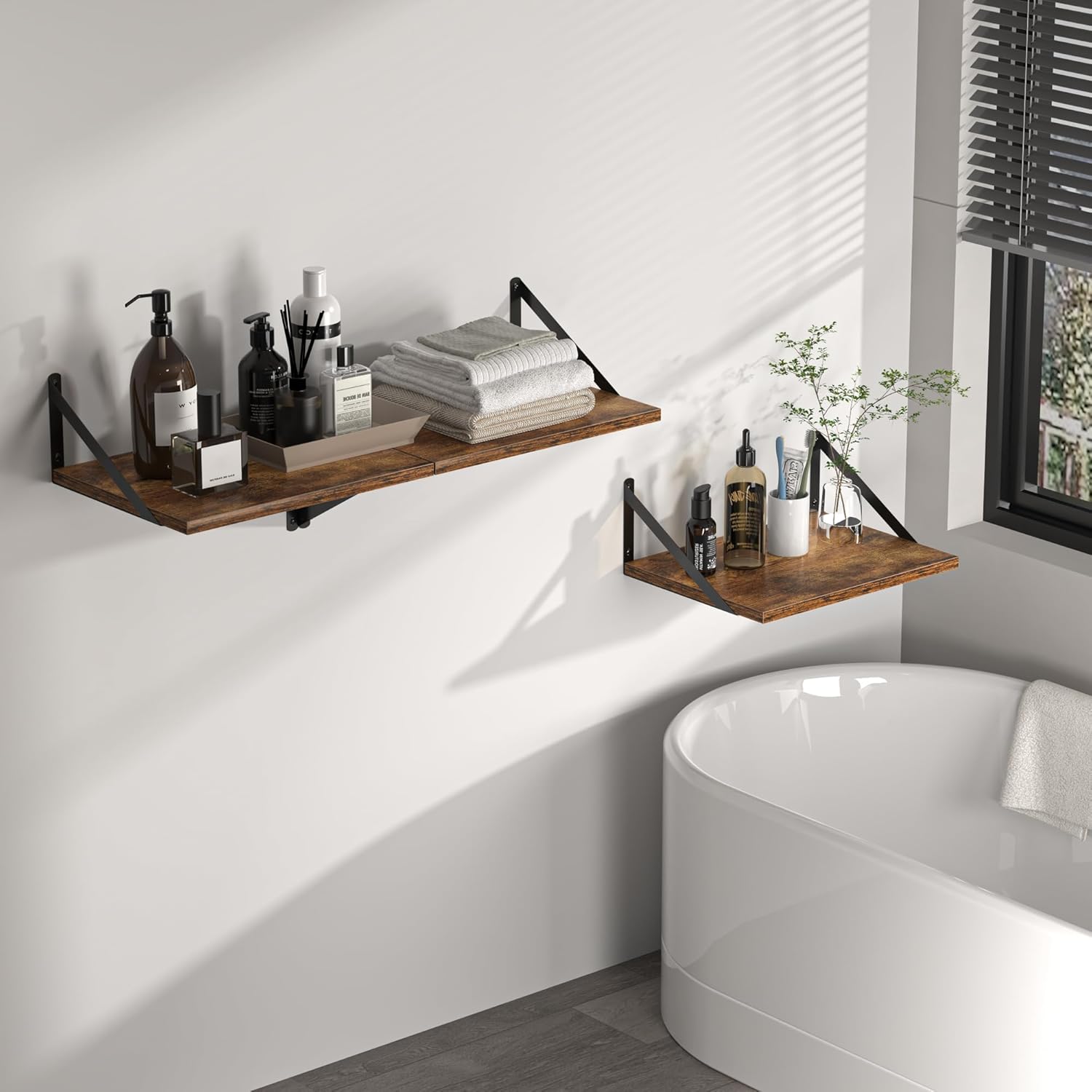 Heimlove Deep Floating Shelves for Wall, 16W x 12D Wood Wall Shelves Set of 2, Wide Floating Bookshelf for Living Room, Kitchen, Office, Bedroom and Decor Storage, with Metal Bracket - Rustic Brown