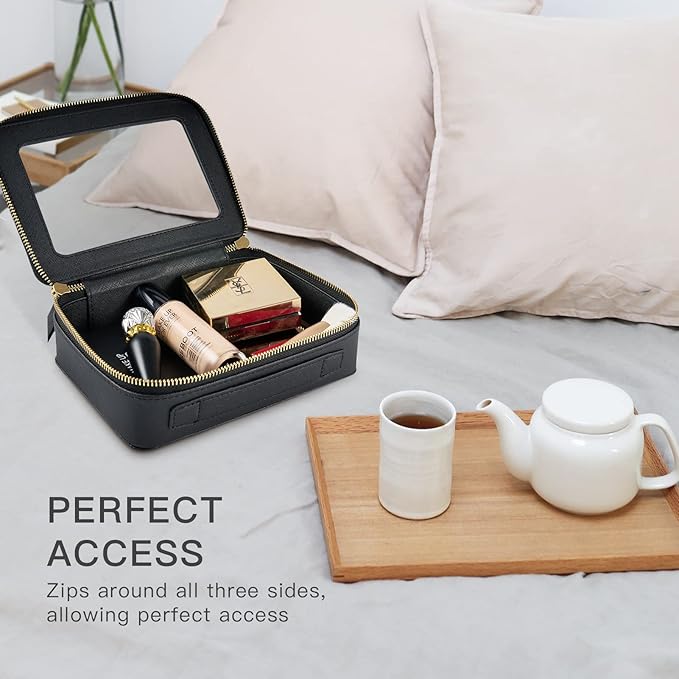 Aveniee Clear Makeup Bag, Portable Travel Toiletry Bag Cosmetic Case for Women, Vegan Leather Make Up Pouch Organizer Car Bag for Essentials 2pcs(Middle & Large) - Black