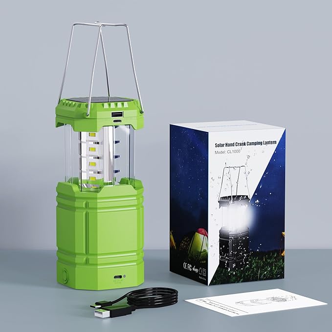 3000 Large Capacity Hand Crank Solar Camping Lantern, Portable Ultra Bright LED Torch, 23-26 Hours Running Time, USB Charger, Electronic Lantern for Outdoor