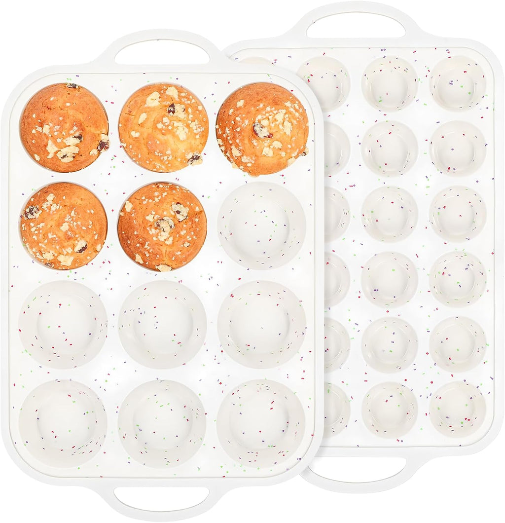 Silicone Muffin Pan with Metal Reinforced Frame - 12 Cups Muffin Pan With 24 Cups for Homemade Muffins, Cupcakes, Oven and Dishwasher Safe - Set of 2, Rainbow Dots