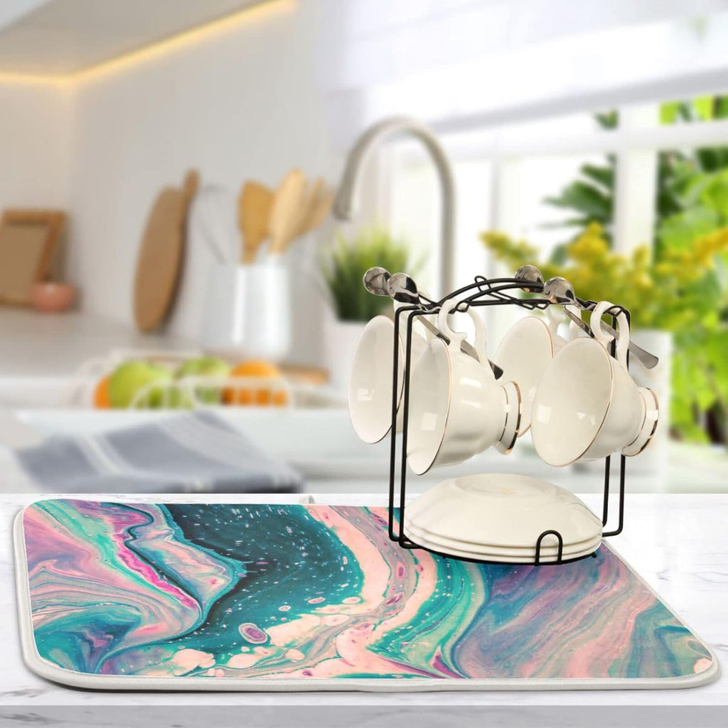 Super Absorbent Dish Drying Mat, Microfiber Fast-Drying Dish Mat, 16" x 18", Kitchen Dish Drying Pad, Marble Pink Green