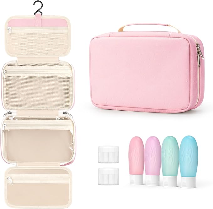 Toiletry bag for women with travel size containers set, hanging toiletry bag for full Size toiletries, Skincare, Shampoo, Makeup Cosmetic Bag Travel Organizer, Water-resistant toiletry bag