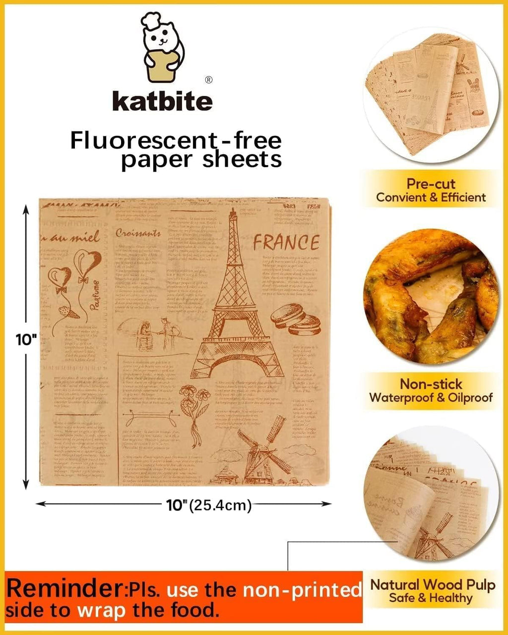 Katbite 130Pcs 10 Inch Sandwich Wrapping Paper, Heavy duty Deli Paper, Greaseproof & Non-stick Parchment Paper, Pre-cut Unbleached Parchment Paper is Perfect for Wrap Bread, Burger and Sandwich