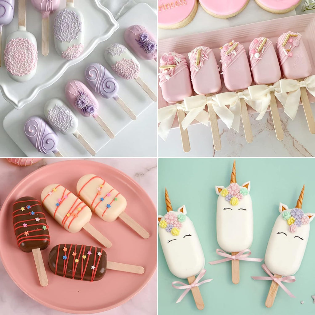Sakolla 2 Pack Silicone Popsicle Molds, 4 Cavities Oval Mini Ice Pop Molds with 50 Wooden Sticks for Homemade Cake Pop, Cakesicles, Ice Cream (White)