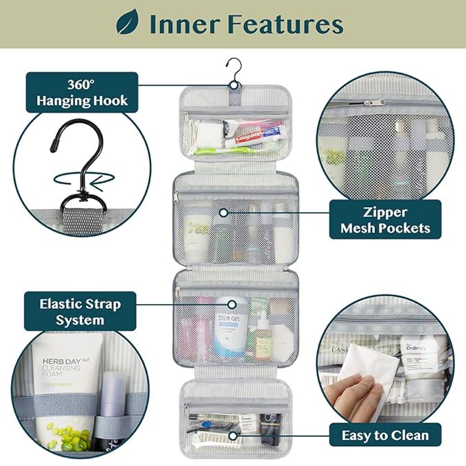 PAVILIA Hanging Toiletry Bag Travel Bag Women Men, Foldable Cosmetic Organizer, Roll up Makeup Bag, Water Resistant Accessories Toiletries, Large Travel Essentials Kit (Heather Grey)