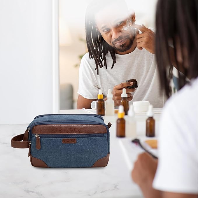Travel Toiletry Bag for Men - Canvas Toiletries Bag with Multiple Pockets Large Hanging Dopp Kit Travel Bag for Toiletries Essentials Accessories - Navy Blue