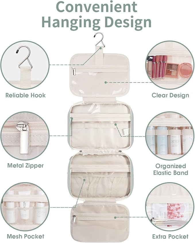 Narwey Hanging Toiletry Bag for Women Travel Makeup Bag Organizer Toiletries Bag for Travel Size Essentials Accessories Cosmetics (Mint Green (Medium))