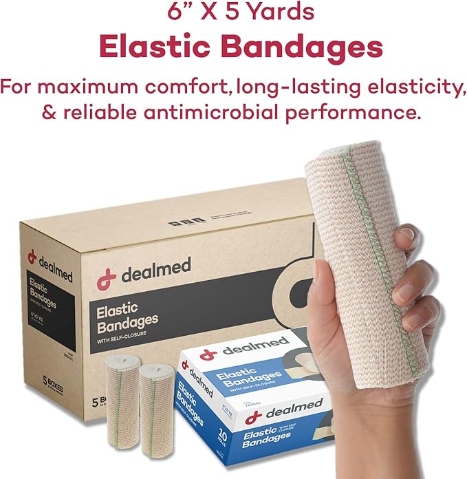 Dealmed 6" Elastic Bandage Wrap with Self-Closure – 50 Elastic Bandages, 5 Yards Stretched Compression Bandage Wrap, Wound Care Product for First Aid Kit and Medical Facilities