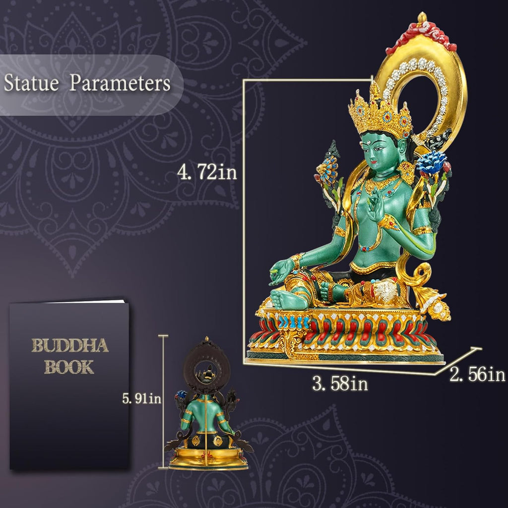 Buddha Statue Indoor, Green Tara Buda Sculpture for Home Decor, Hand-Painted Colored Buddhist Budda, Nepalese Craft Handmade Tibetan Buddhism Meditation Copper, 5.51"