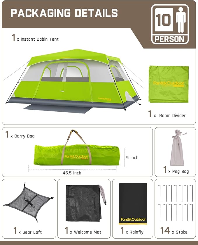 FanttikOutdoor Camping Tent 4/6/8/10 Person Instant Cabin Tent Setup in 60 Seconds with Rainfly & Windproof Portable with Carry Bag for Family Camping & Hiking