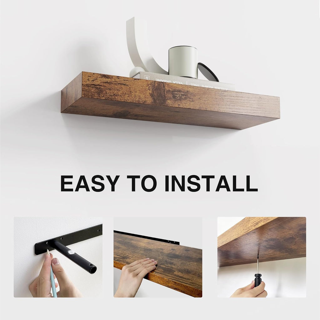 Colima Floating Shelves for Bedroom, Bathroom, Living Room, Kitchen, Office - 15 Inch Wall Mounted, Set of 3 - 1.3" Thick Brown Wood Floating Book Shelves