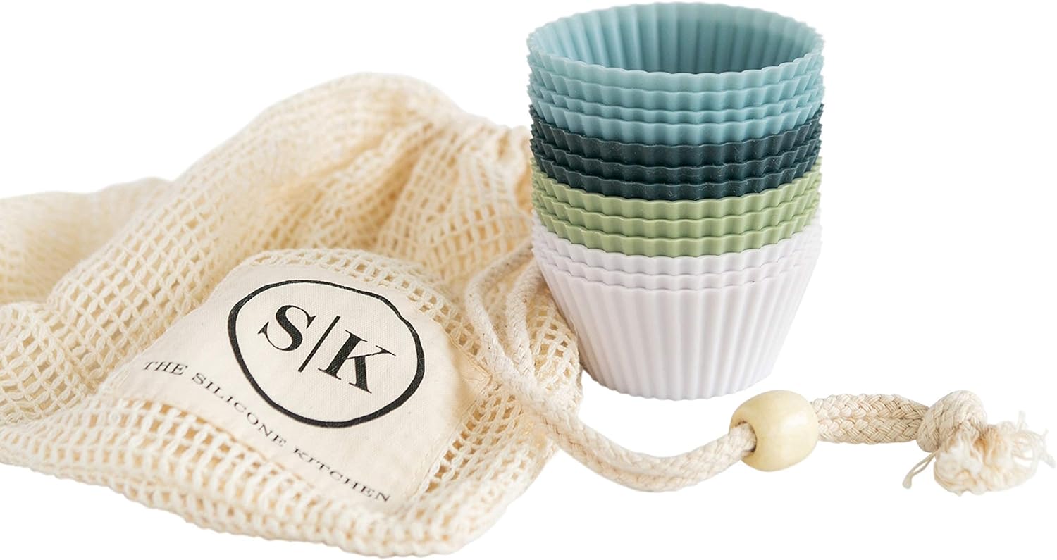The Silicone Kitchen Reusable Silicone Baking Cup Silicone Muffin Liners for Cupcakes, BPA Free, Regular, 24 Pack, White Blue Green