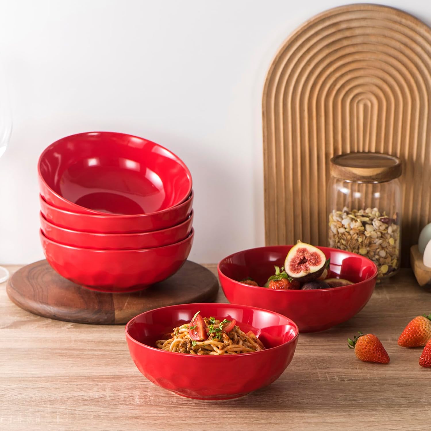 Vicrays Ceramic Pasta & Soup Bowls, Large Salad Bowls - Set of 6 Red, Fluted Stoneware, Dishwasher & Microwave Safe