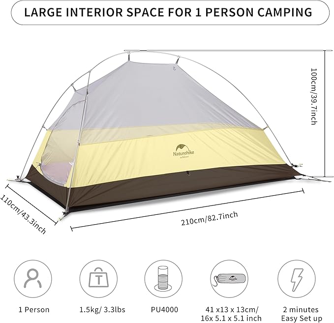 Naturehike Cloud-Up 1 Person Tent, Lightweight Backpacking Tents for One Man, Waterproof Ultralight One Person Tent for Camping Hiking Backpacking