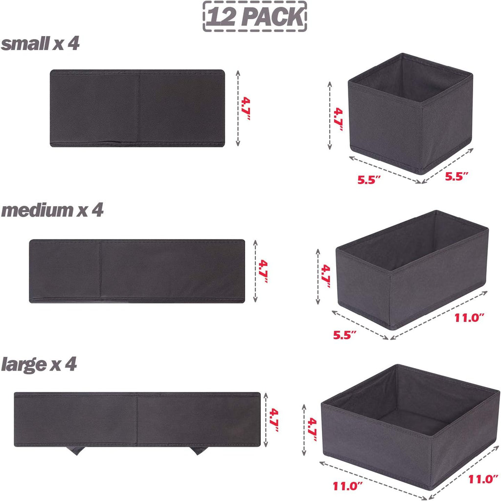 DIOMMELL 12 Pack Foldable Cloth Storage Box Closet Dresser Drawer Organizer Fabric Baskets Bins Containers Divider for Baby Clothes Underwear Bras Socks Lingerie Clothing,Dark Grey 444