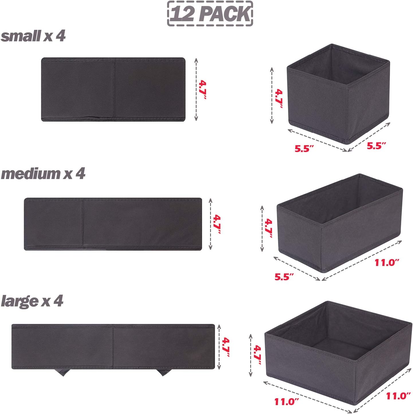 DIOMMELL 12 Pack Foldable Cloth Storage Box Closet Dresser Drawer Organizer Fabric Baskets Bins Containers Divider for Baby Clothes Underwear Bras Socks Lingerie Clothing,Dark Grey 444